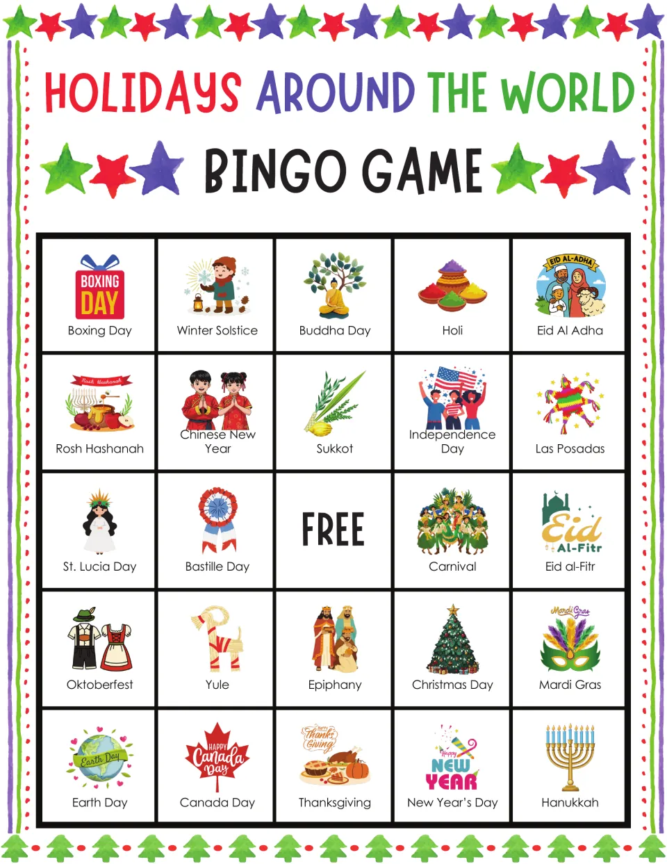 Holidays bingo card 4 opens with Boxing Day and Winter Solstice; students cover Chinese New Year, Carnival and more