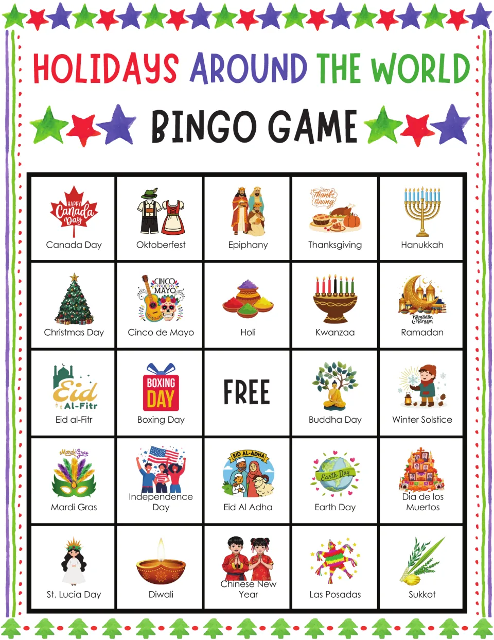 Holidays bingo card 5: students listen for calls and mark squares from Canada Day and Oktoberfest to Sukkot in the corner