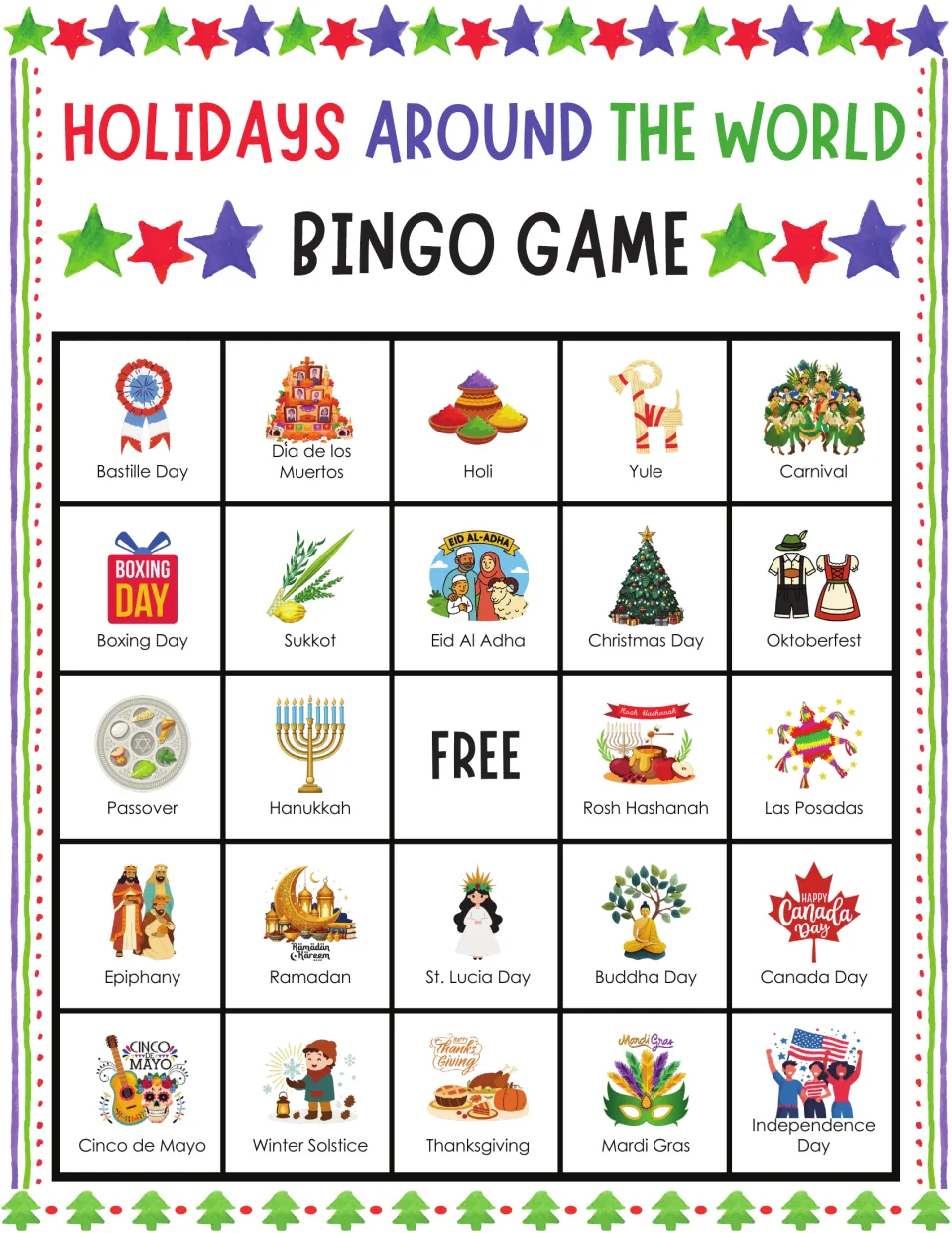 Holidays bingo card 6: students mark illustrated squares including Bastille Day, Yule, Passover and Winter Solstice