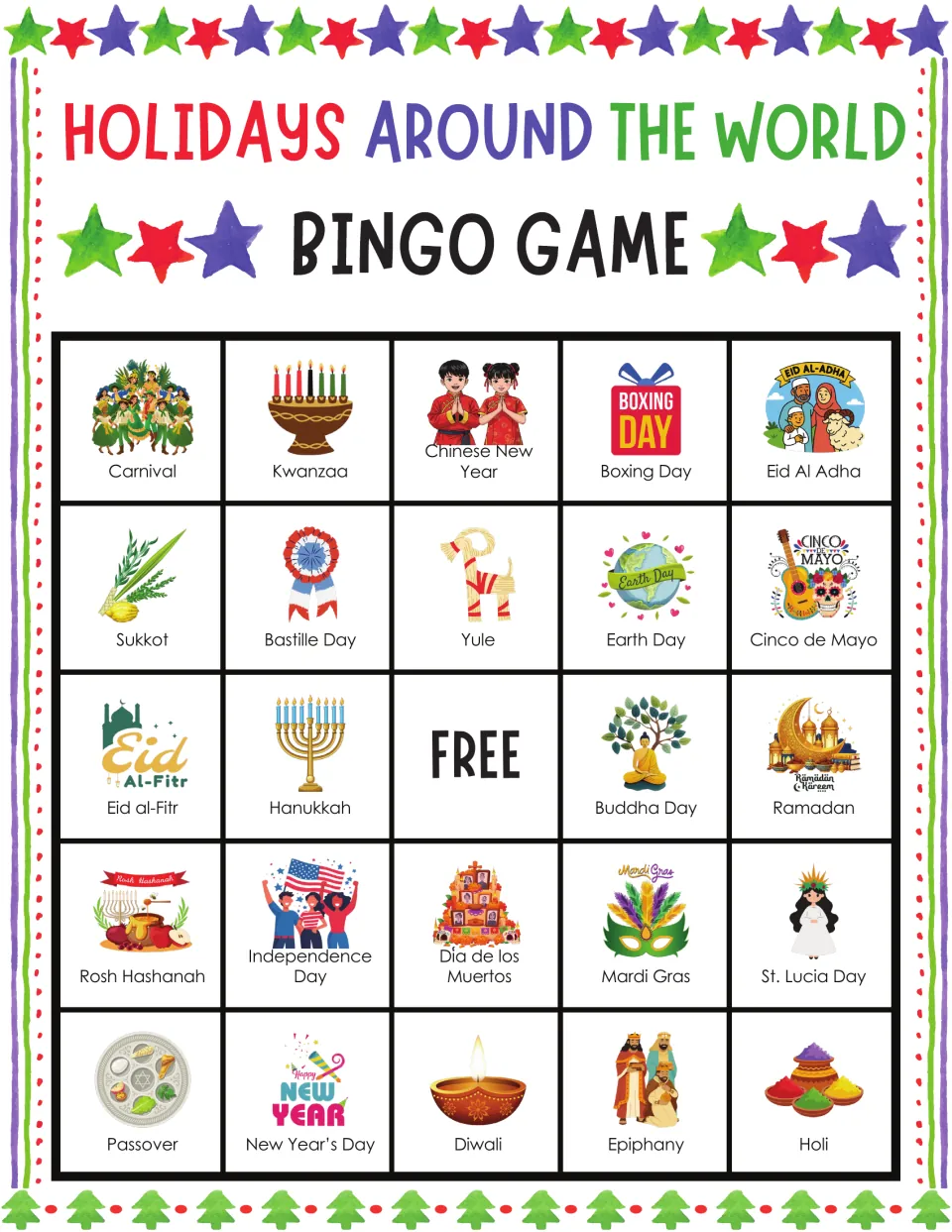 Holidays bingo card 7: Carnival, Kwanzaa and Chinese New Year lead the top row; students mark each holiday as it is called