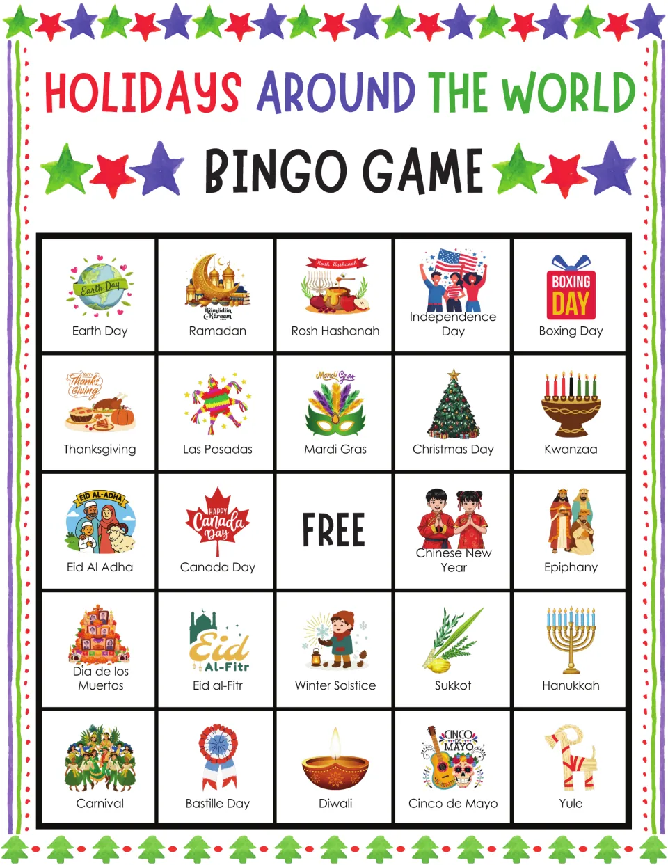 Holidays bingo card 8: students spot Earth Day, Ramadan, Las Posadas and Cinco de Mayo pictures to complete a row