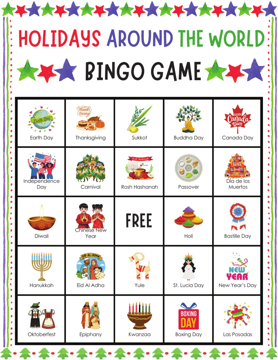 Holidays bingo card 9: students mark labeled pictures like Thanksgiving, Buddha Day, Diwali and Bastille Day as called