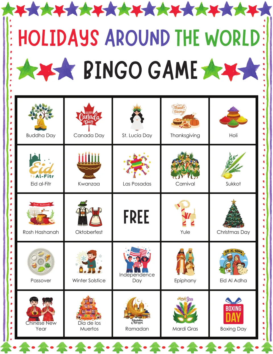 Holidays bingo card 10: Buddha Day, Canada Day and St. Lucia Day start this card; students mark matching holiday pictures