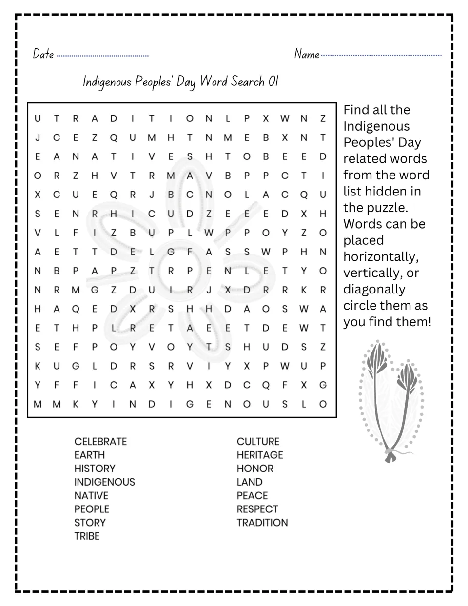 Indigenous Peoples' Day Word Search 01: students circle 15 words such as heritage, culture, tribe and honor