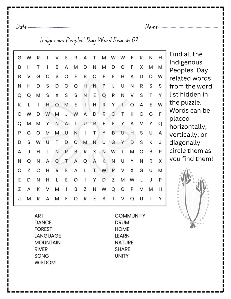 Indigenous Peoples' Day Word Search 02: students find and circle 15 words such as drum, river, language and community