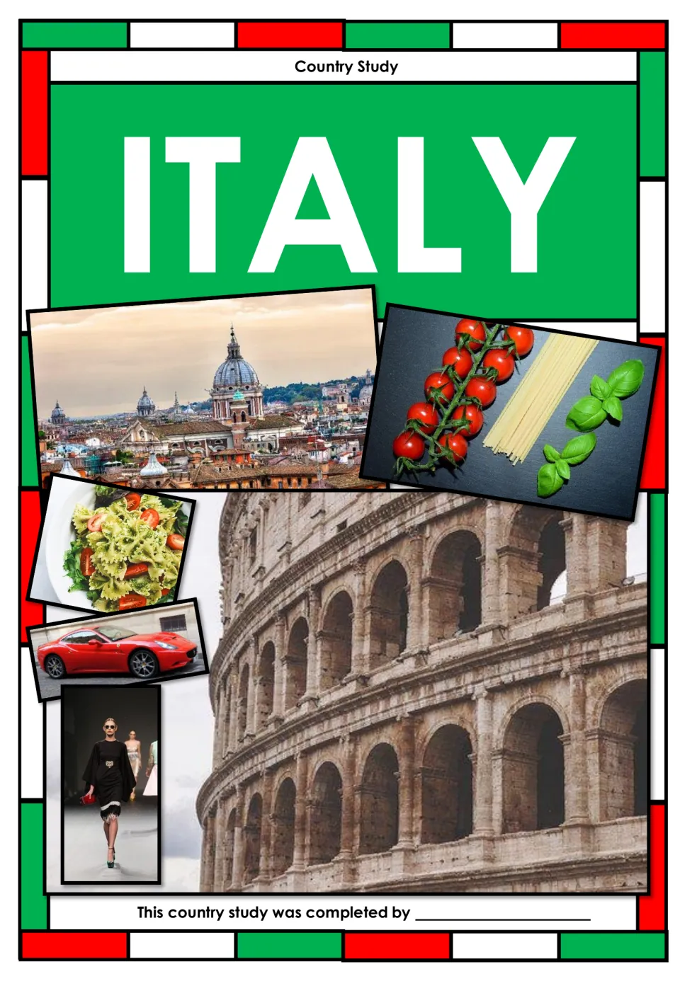 Italy country study cover featuring Rome, the Colosseum, Italian food, a sports car, and fashion