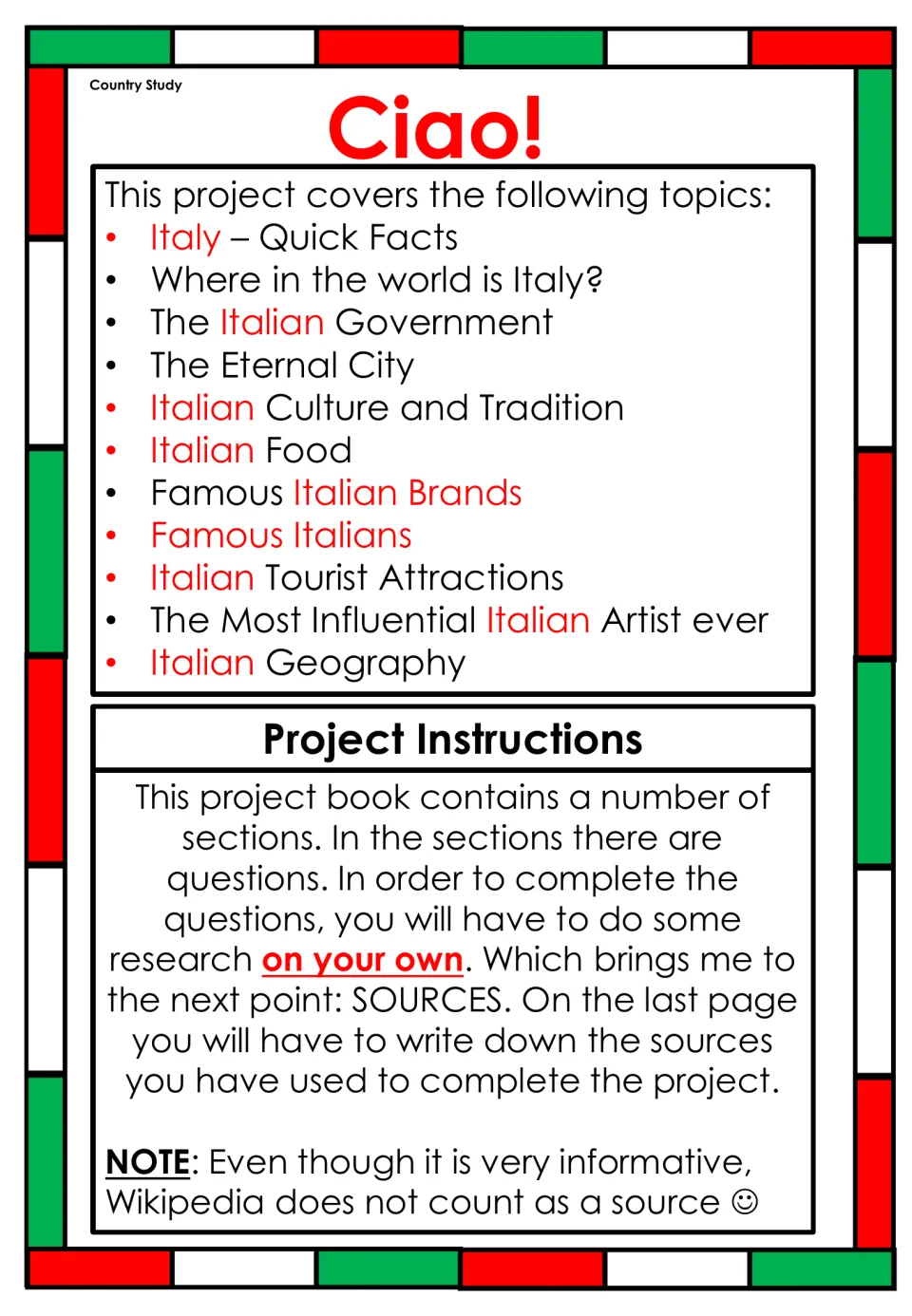 Italy project introduction listing research topics and instructions to record sources and exclude Wikipedia