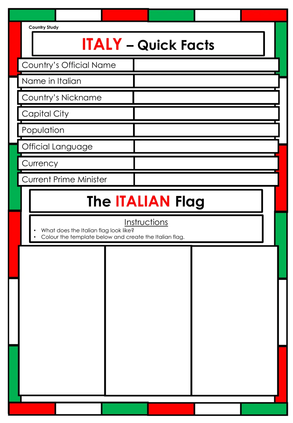 Italy quick facts research page asking for national details and the current prime minister, plus flag coloring