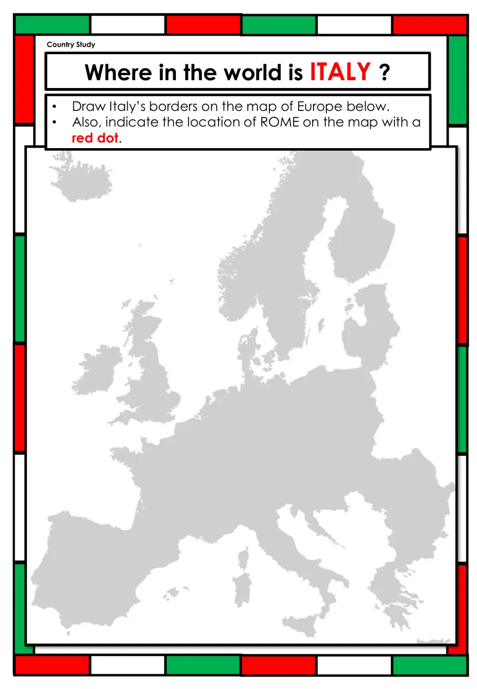 Italy map activity asking students to draw the country's borders on a map of Europe and mark Rome in red