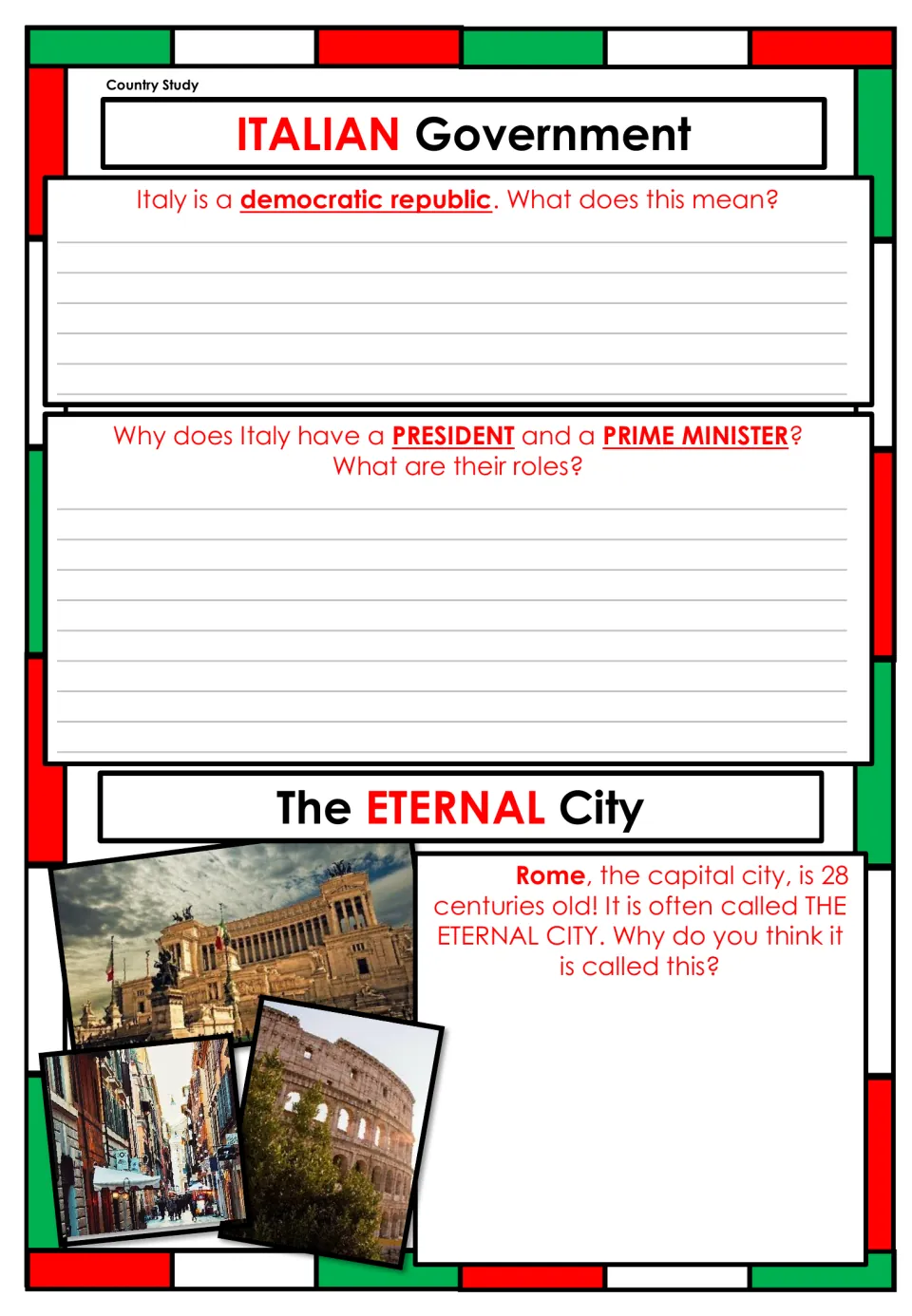 Italy research prompts on a democratic republic, president and prime minister roles, and Rome's nickname