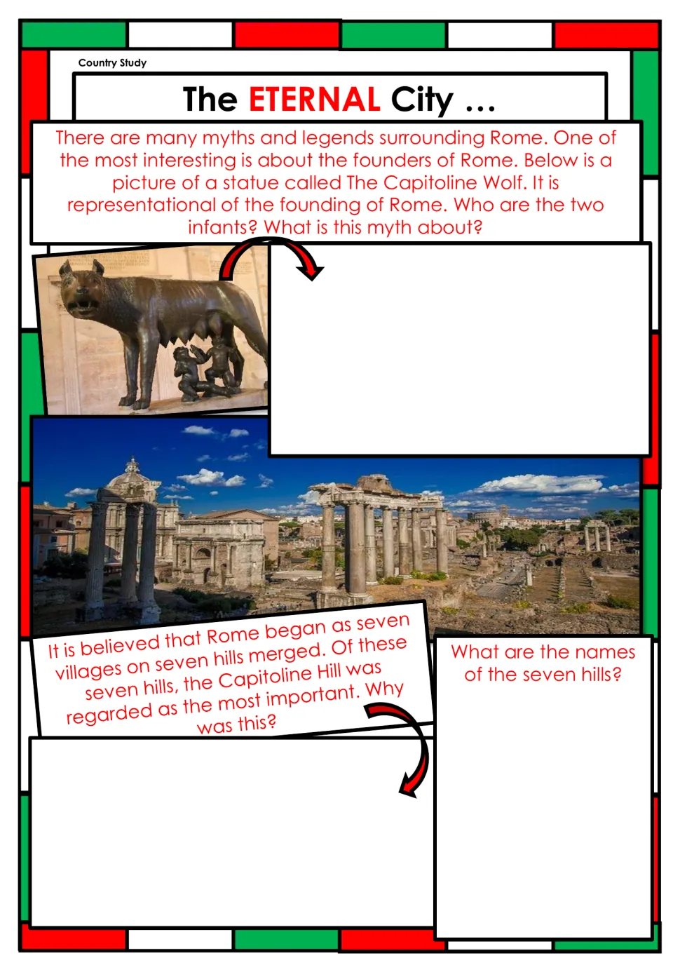 Rome research page asking about the Capitoline Wolf myth, the importance of Capitoline Hill, and seven hills