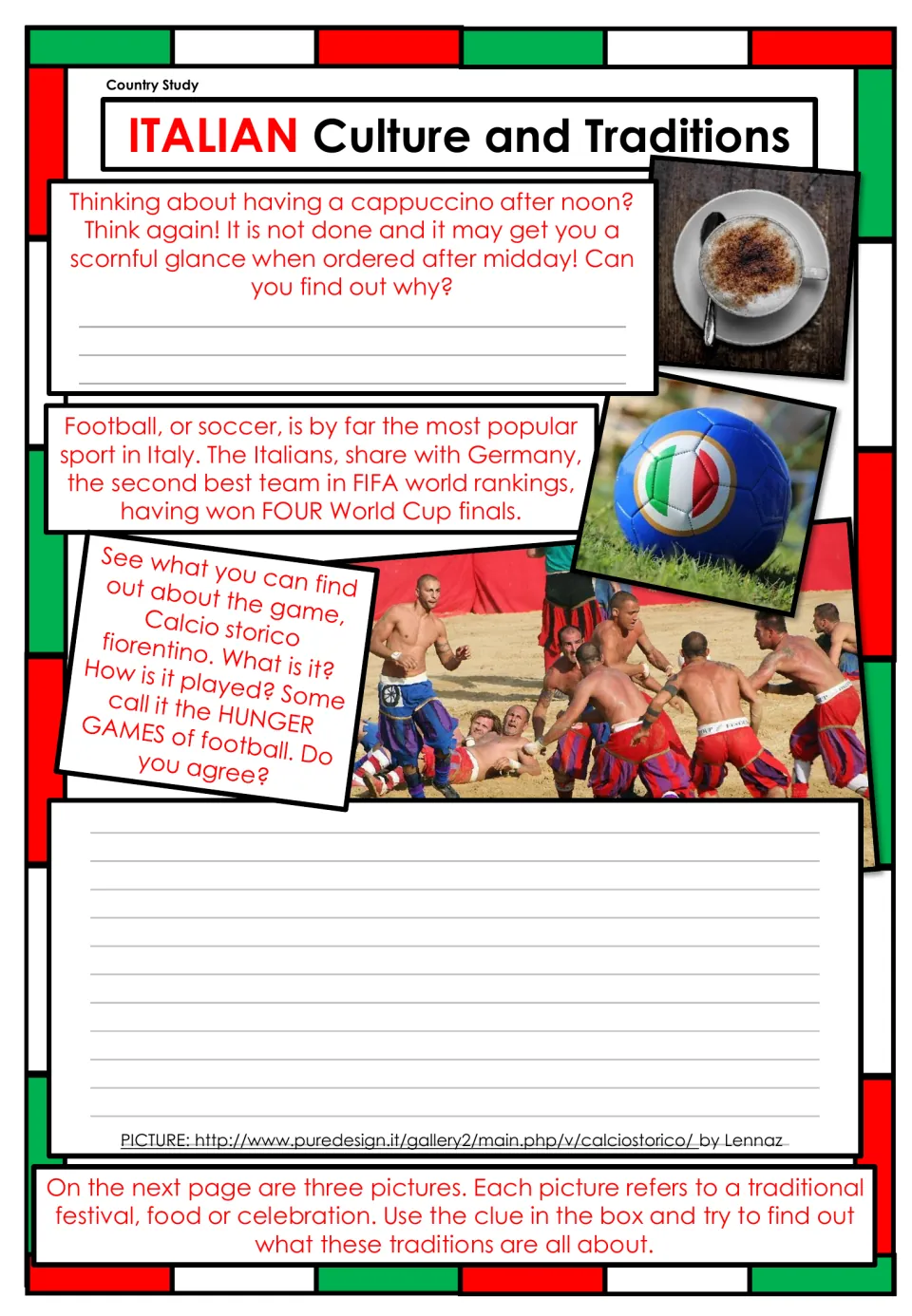 Italian culture research page asking about cappuccino customs and how Calcio storico fiorentino is played