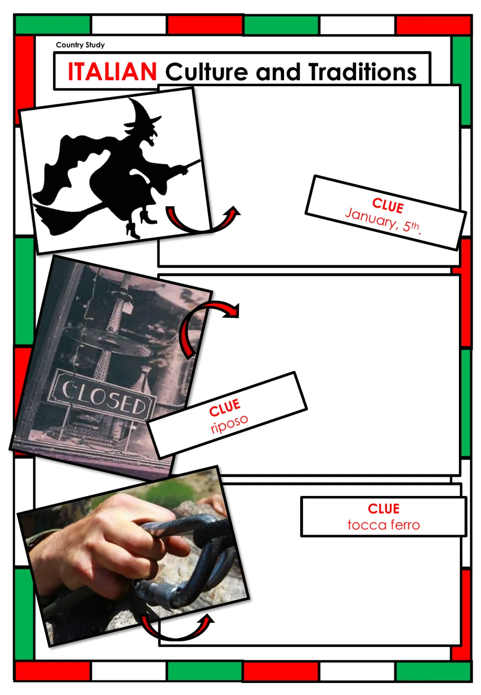 Italian traditions research page using witch, closed shop, and iron photos with January 5, riposo, tocca ferro