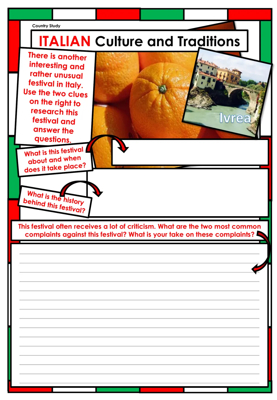 Italian festival research page using oranges and Ivrea clues to ask about timing, history, and criticism