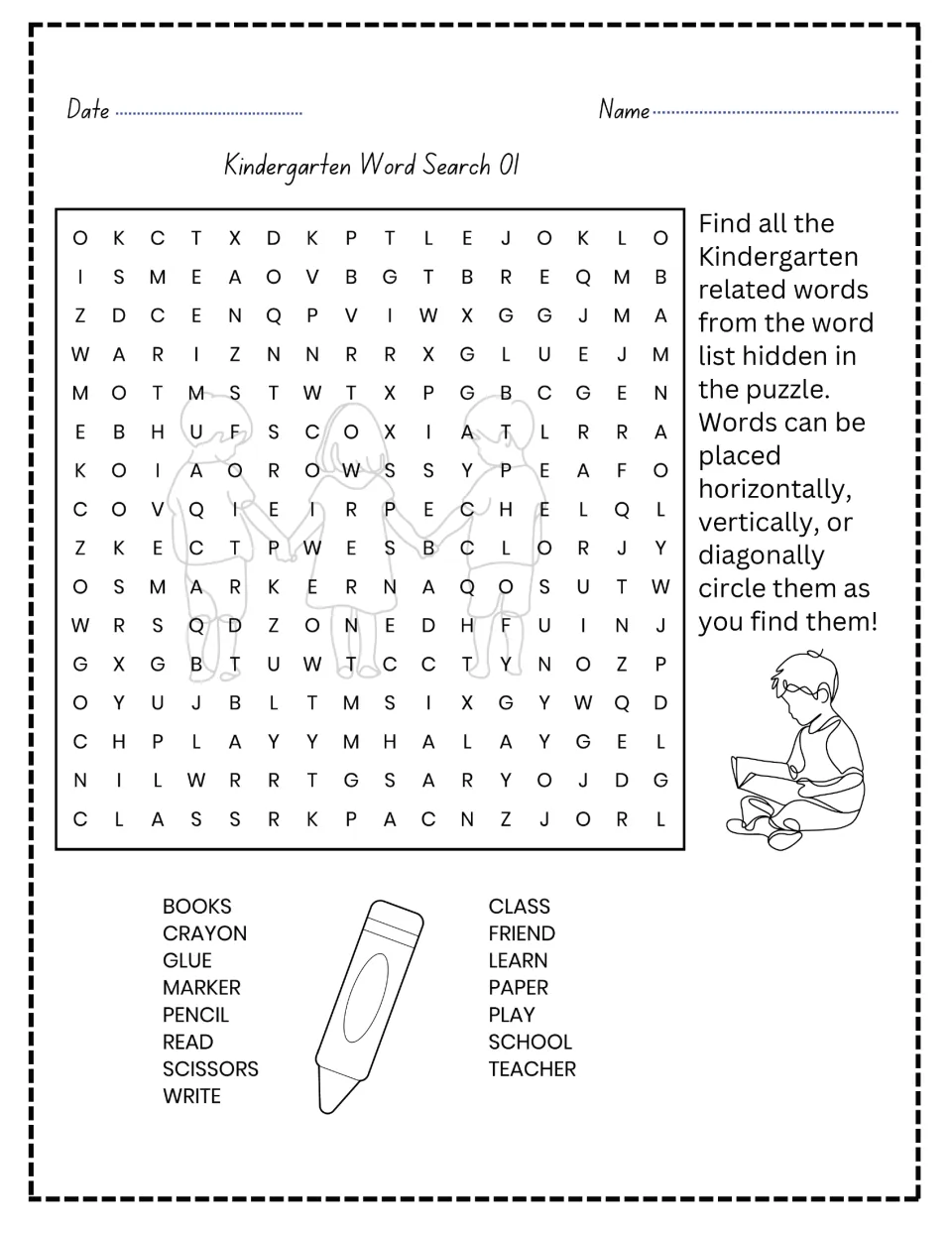 Kindergarten Word Search 01: students find and circle 16 school words such as books, crayon, glue, teacher and class