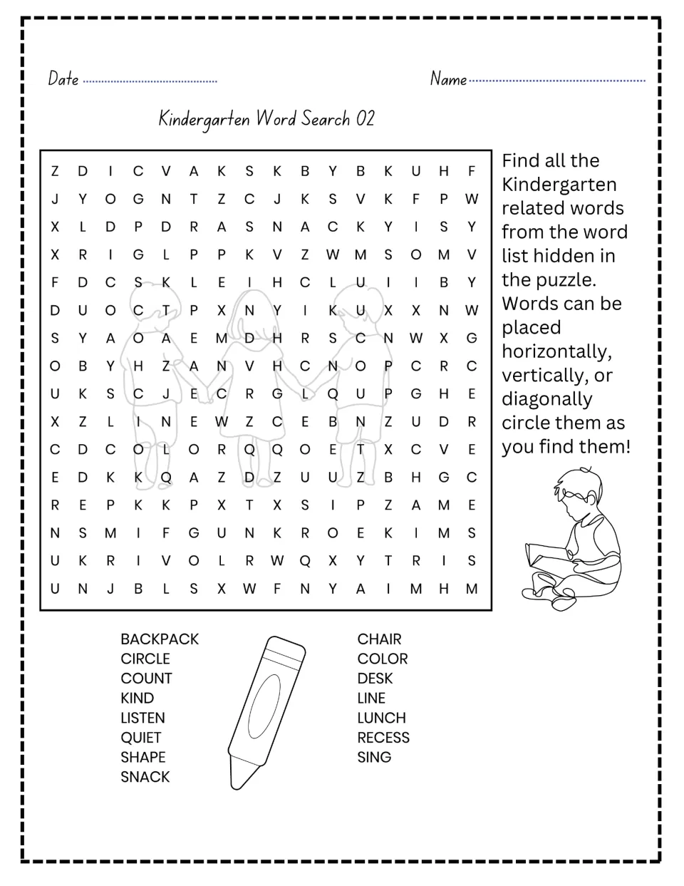Kindergarten Word Search 02: students circle 15 school-day words like backpack, snack, recess, listen, desk and sing