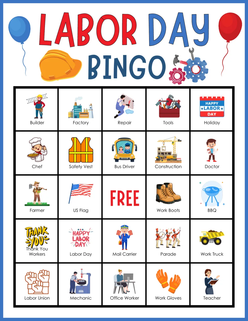 Labor Day bingo card 1: students mark picture tiles of jobs and tools, from Builder and Factory to Mechanic and Teacher