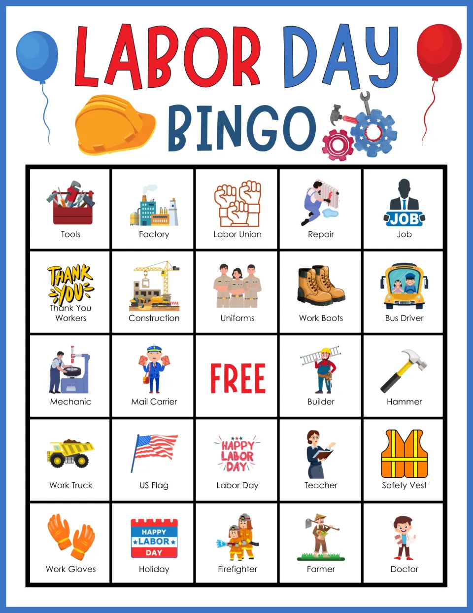Labor Day bingo card 2: students cover pictured words such as Tools, Labor Union, Job, Uniforms, Hammer and Firefighter