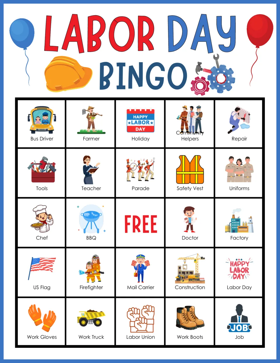 Labor Day bingo card 3: students find called community helpers like Bus Driver, Farmer, Chef, Doctor and Firefighter