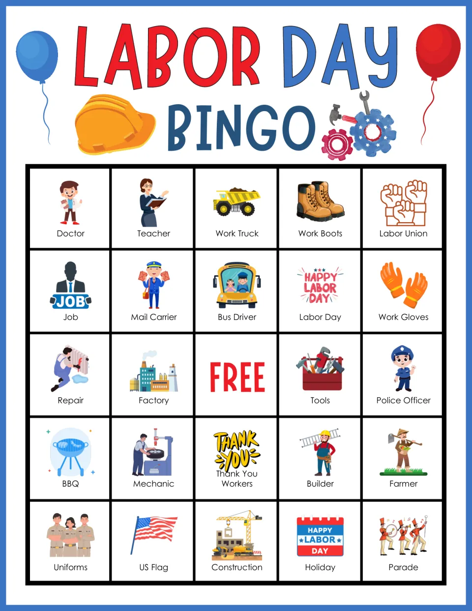 Labor Day bingo card 4: students mark job and tool pictures including Doctor, Police Officer, Mechanic and Work Boots
