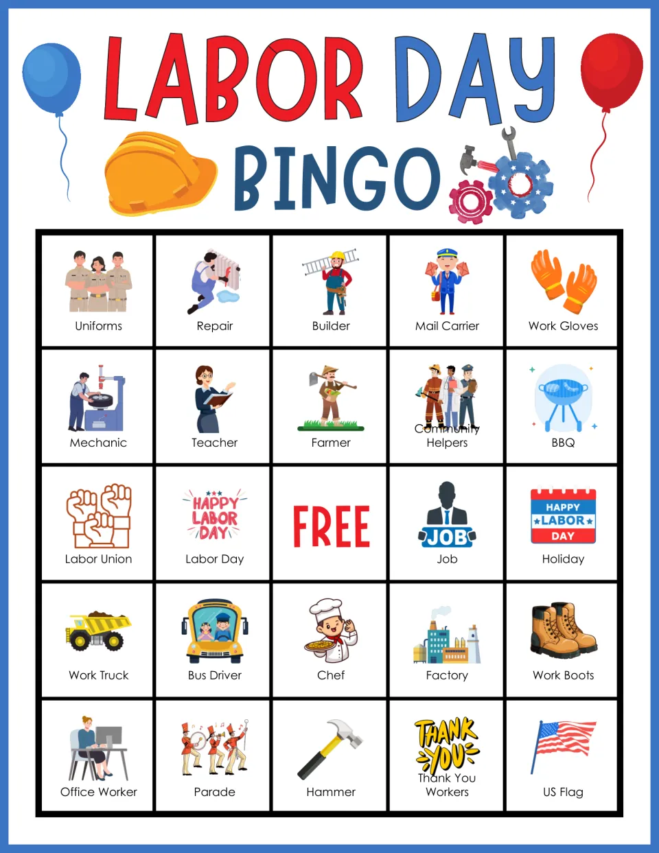 Labor Day bingo card 5: students listen and cover tiles like Uniforms, Mail Carrier, Office Worker, Hammer and US Flag