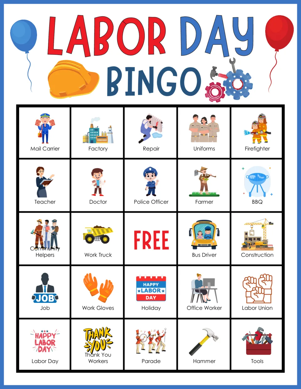 Labor Day bingo card 6: students match called words to pictures of Mail Carrier, Firefighter, Police Officer and Tools
