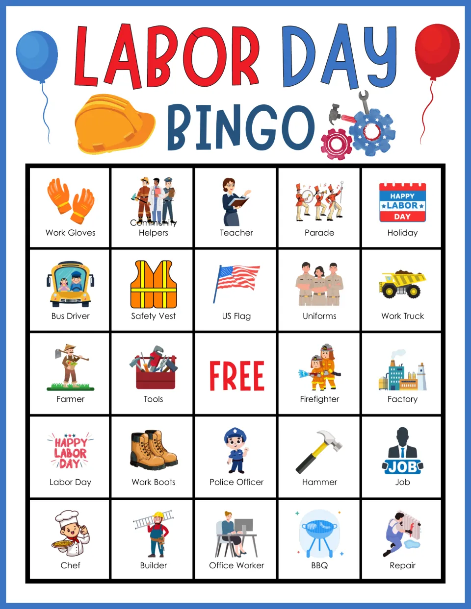 Labor Day bingo card 7: students mark pictured tiles such as Work Gloves, Safety Vest, Hammer, Chef and Office Worker