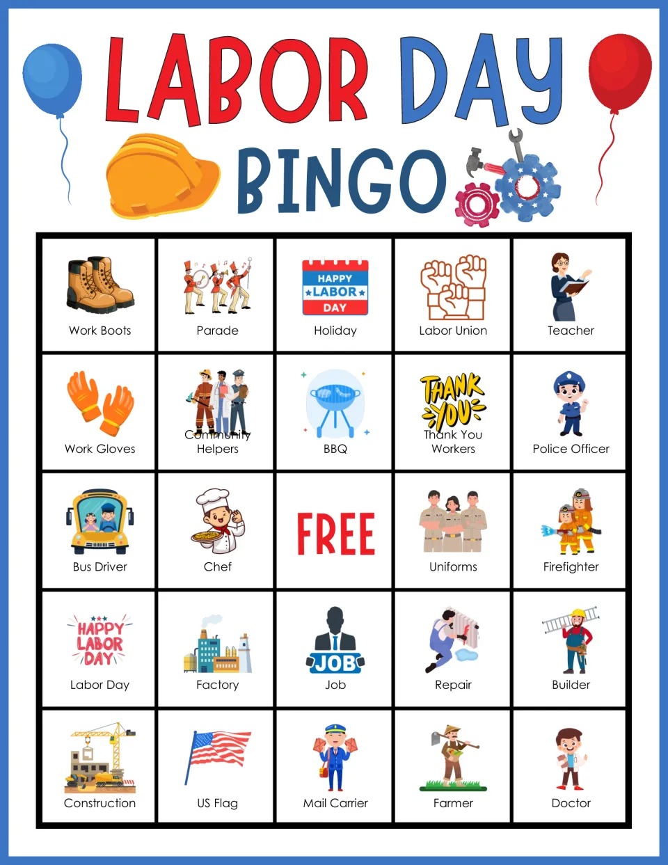Labor Day bingo card 8: students cover called words like Work Boots, Thank You Workers, Construction and Mail Carrier