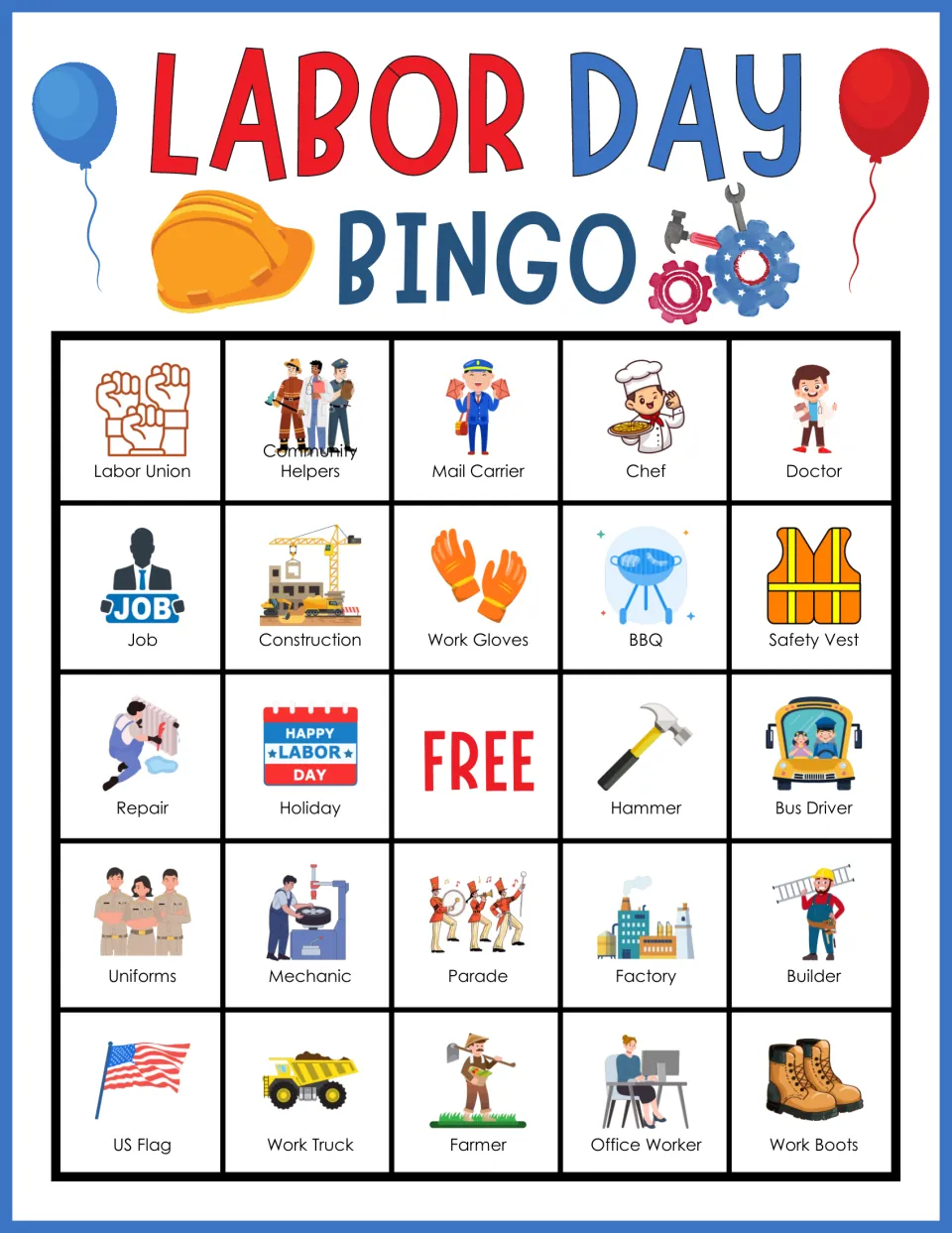 Labor Day bingo card 9: students mark pictures of workers and gear, including Labor Union, Safety Vest and Work Truck