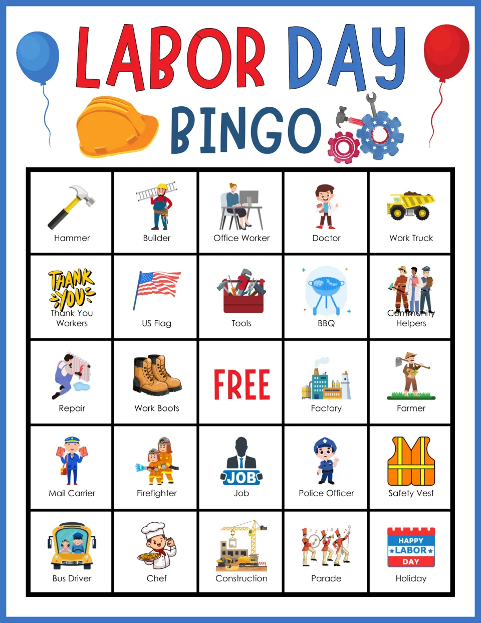 Labor Day bingo card 10: students cover tiles like Hammer, Builder, Office Worker, Community Helpers and Police Officer