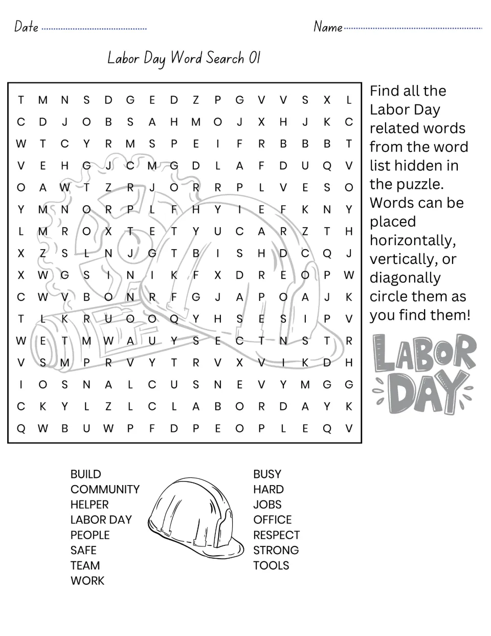 Labor Day Word Search 01: students find and circle 15 words such as build, community, helper, respect and tools