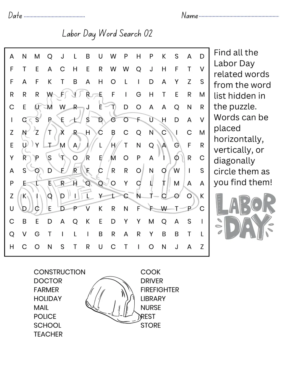 Labor Day Word Search 02: students circle 15 words like teacher, firefighter, nurse, library and store