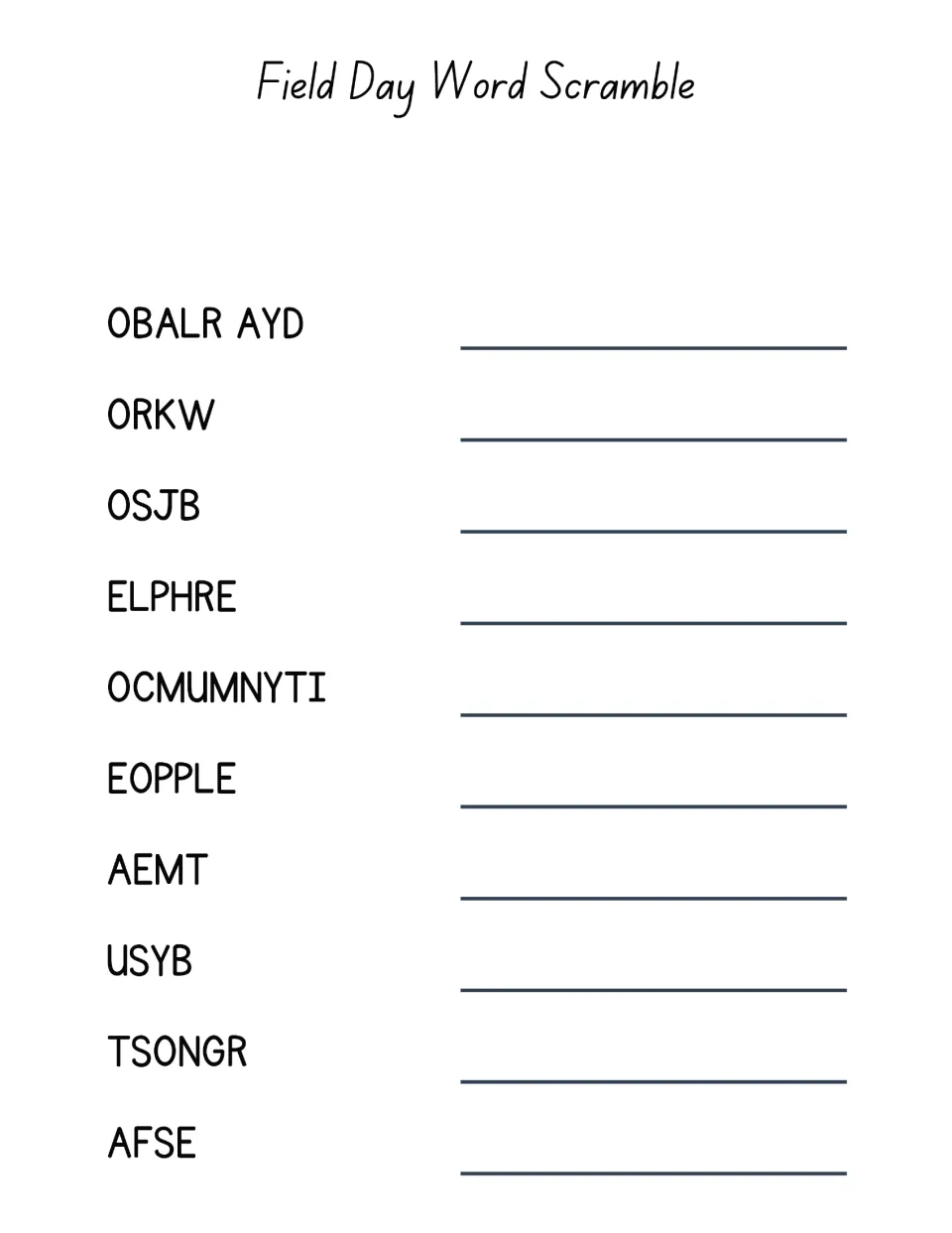 Word scramble headed Field Day: students unscramble 10 Labor Day words such as OBALR AYD, ORKW and OSJB