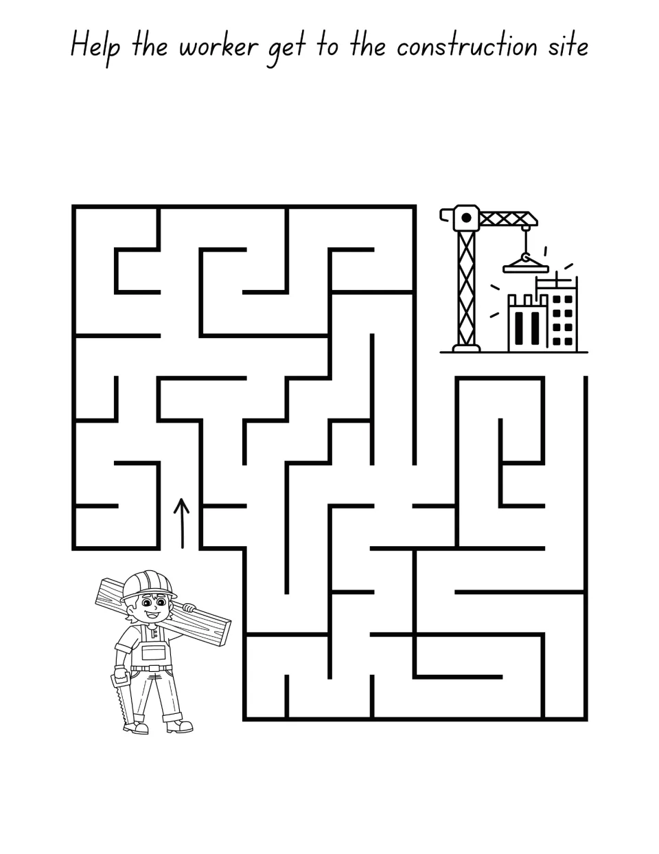 Construction maze: students trace a path to help a worker carrying a board reach the crane and building site