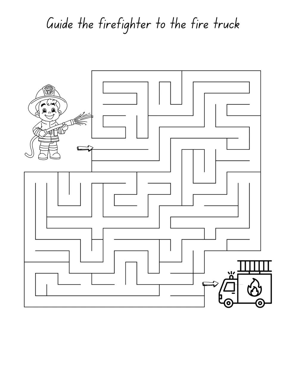 Firefighter maze: students trace a route from the arrow by the firefighter with a hose to the fire truck at the exit