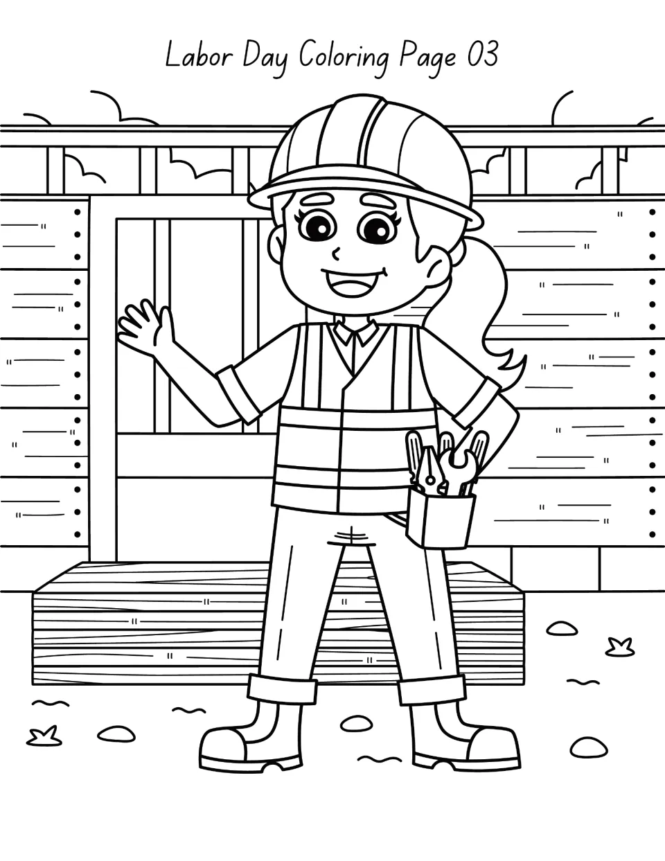Labor Day Coloring Page 03: a construction worker in a hard hat and safety vest waves beside stacked lumber to color