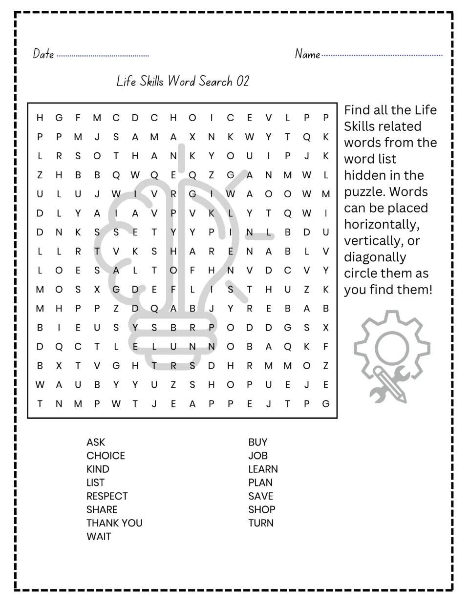 Life skills word search 2: find ask, choice, kind, list, respect, share, thank you and eight more items.