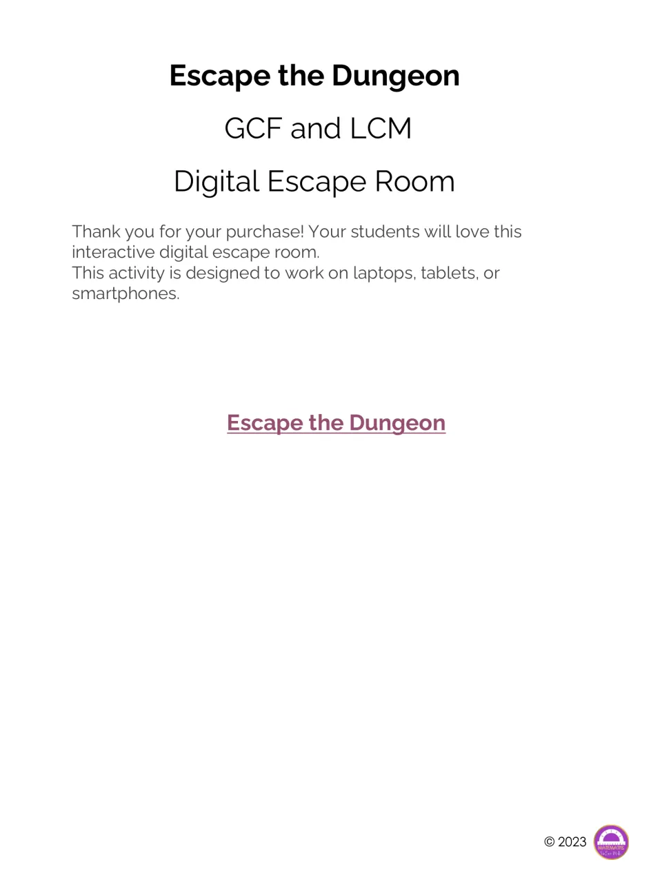 Escape the Dungeon GCF and LCM digital escape room title page, with a link and a note that it runs on laptops or tablets