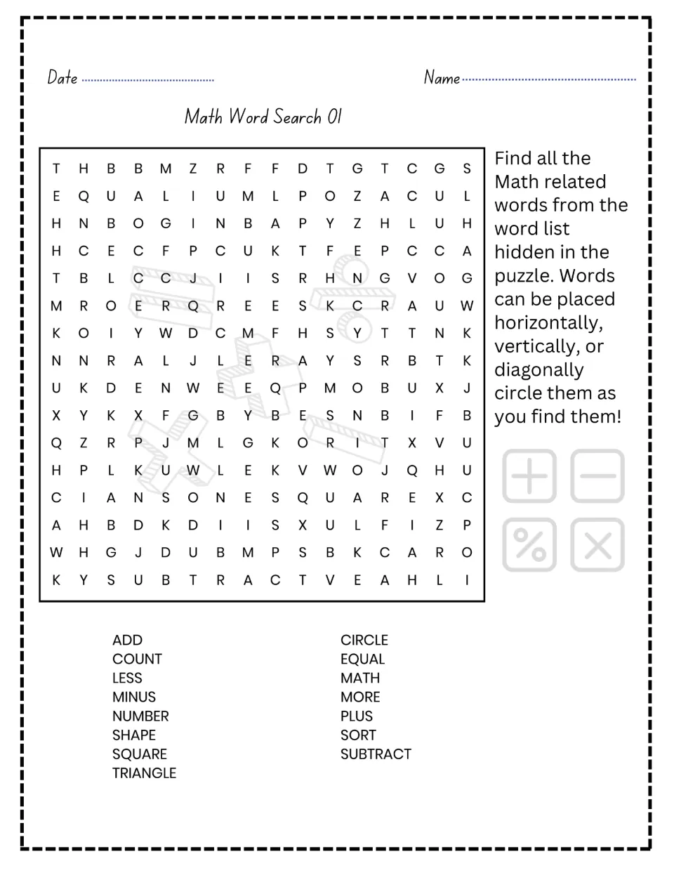 Math Word Search 01: students circle 15 math words such as add, equal, minus, square and subtract in a letter puzzle