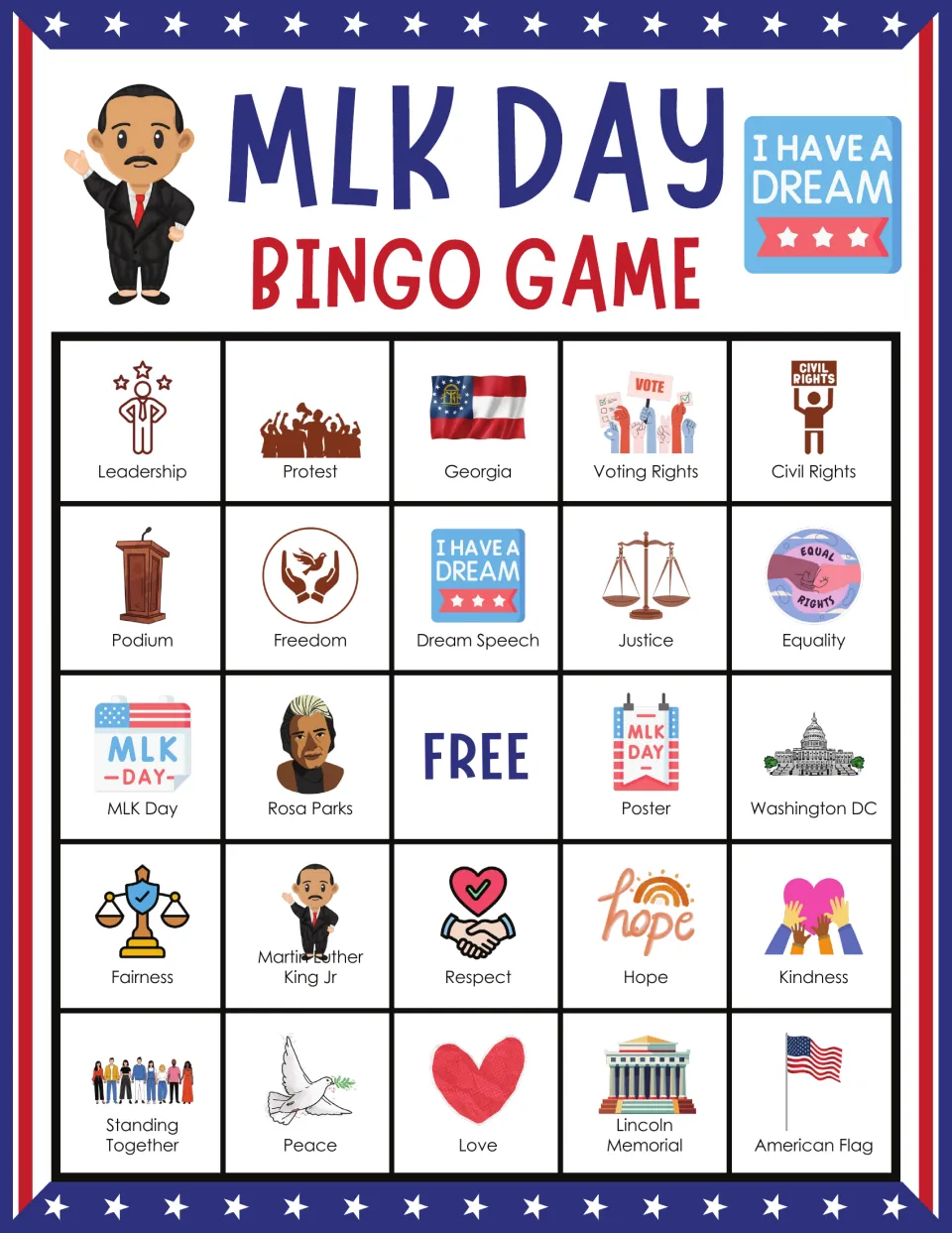 MLK Day bingo card: students mark picture squares starting Leadership, Protest, Georgia, Voting Rights, Civil Rights