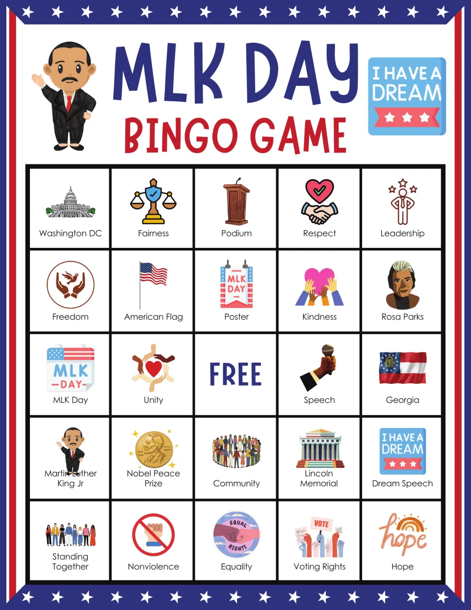 MLK Day bingo card: students mark picture squares starting Washington DC, Fairness, Podium, Respect and Leadership