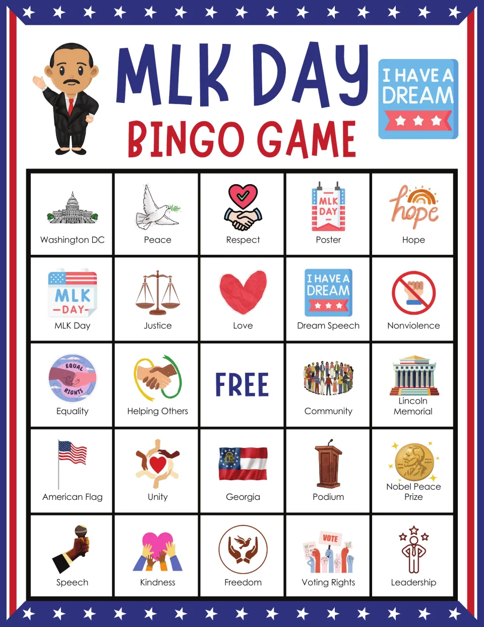 MLK Day bingo card: students mark picture squares starting Washington DC, Peace, Respect, Poster and Hope