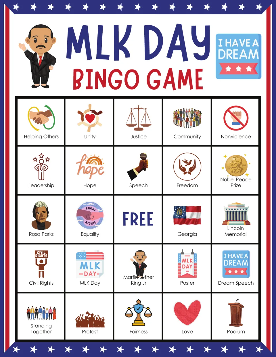 MLK Day bingo card: students mark picture squares starting Helping Others, Unity, Justice, Community, Nonviolence