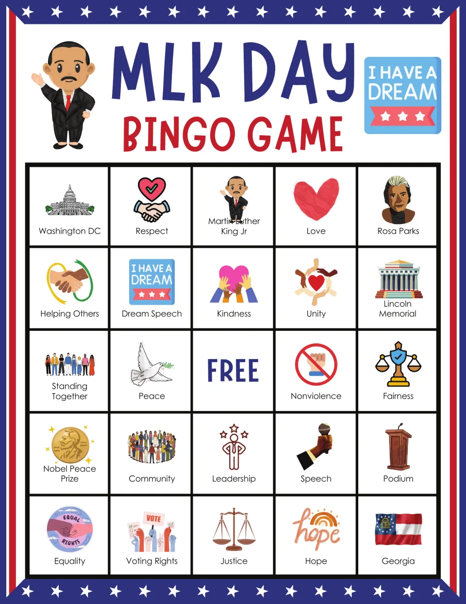 MLK Day bingo card: students mark picture squares starting Washington DC, Respect, Martin Luther King Jr, Love