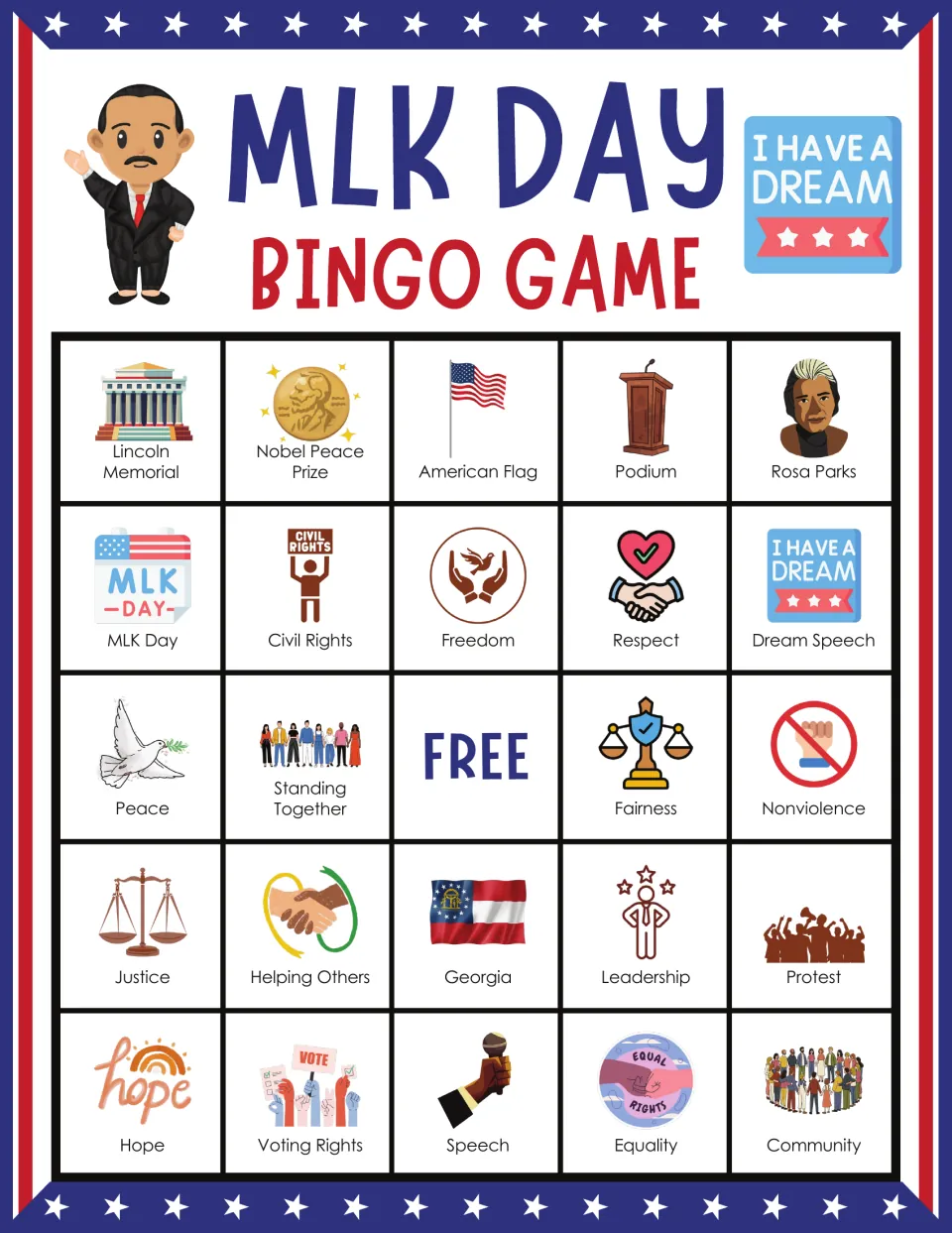 MLK Day bingo card: students mark picture squares starting Lincoln Memorial, Nobel Peace Prize and American Flag