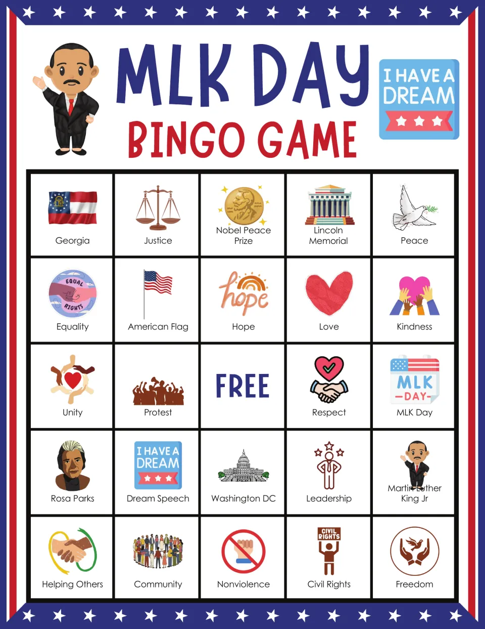 MLK Day bingo card: students mark picture squares starting Georgia, Justice, Nobel Peace Prize, Lincoln Memorial