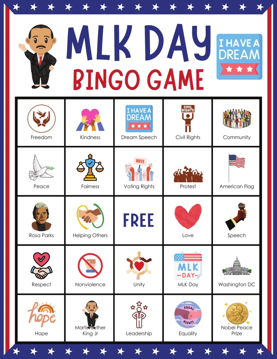 MLK Day bingo card: students mark picture squares starting Freedom, Kindness, Dream Speech, Civil Rights, Community