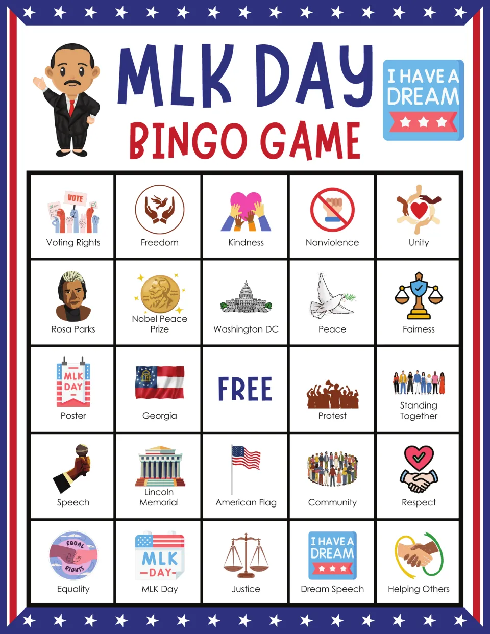 MLK Day bingo card: students mark picture squares starting Voting Rights, Freedom, Kindness, Nonviolence and Unity