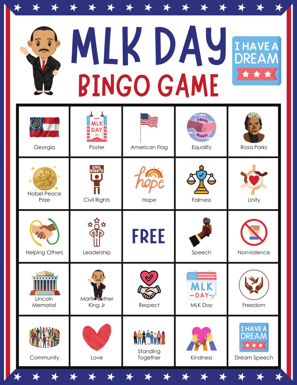 MLK Day bingo card: students mark picture squares starting Georgia, Poster, American Flag, Equality and Rosa Parks