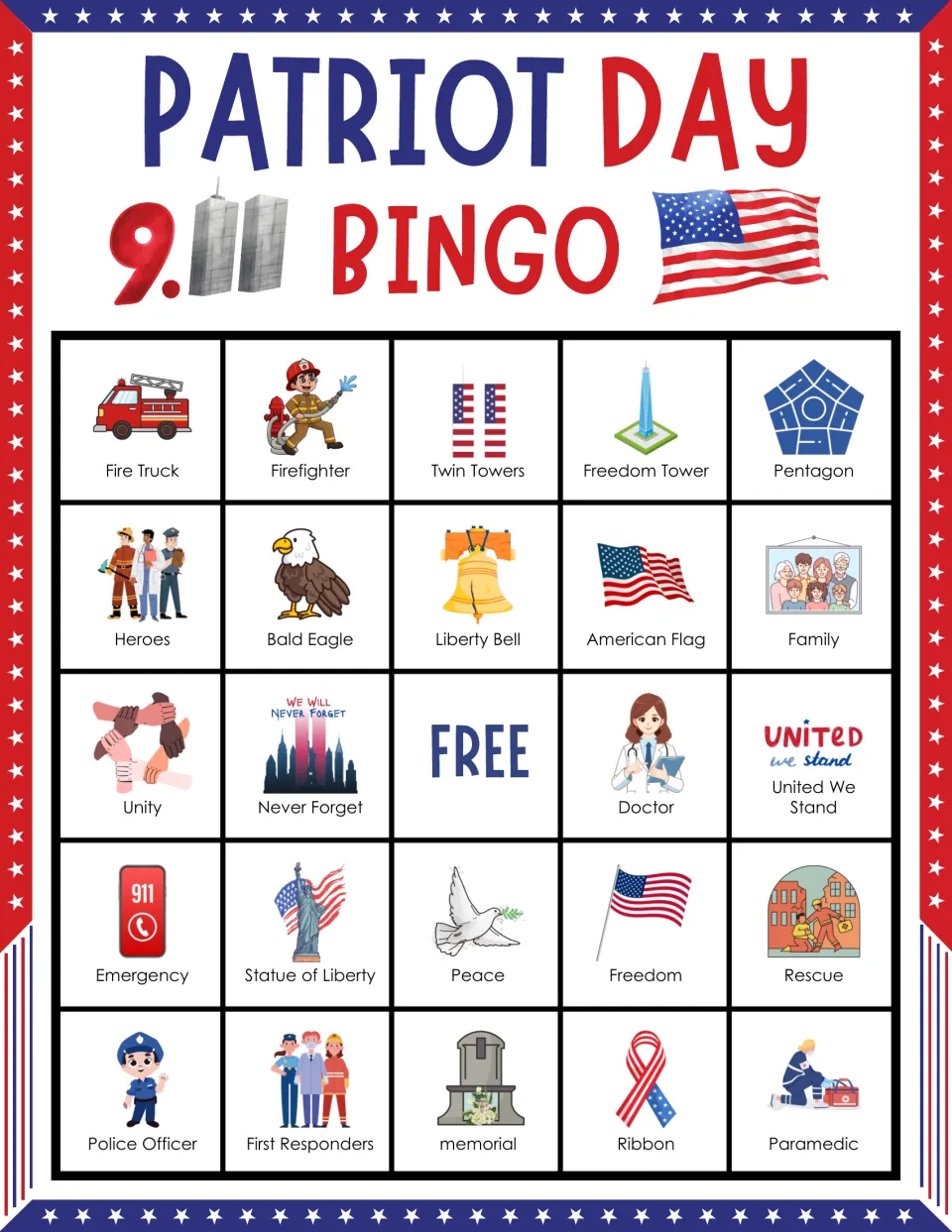 Bingo card 1: Fire Truck, Firefighter, Twin Towers, Freedom Tower and 20 more labels, plus a free space